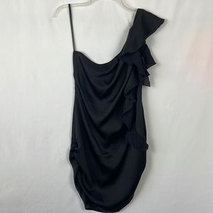 NWT Windsor Fancy Black One Shoulder Dress w/Cascading Ruffle & Side Ruching - S